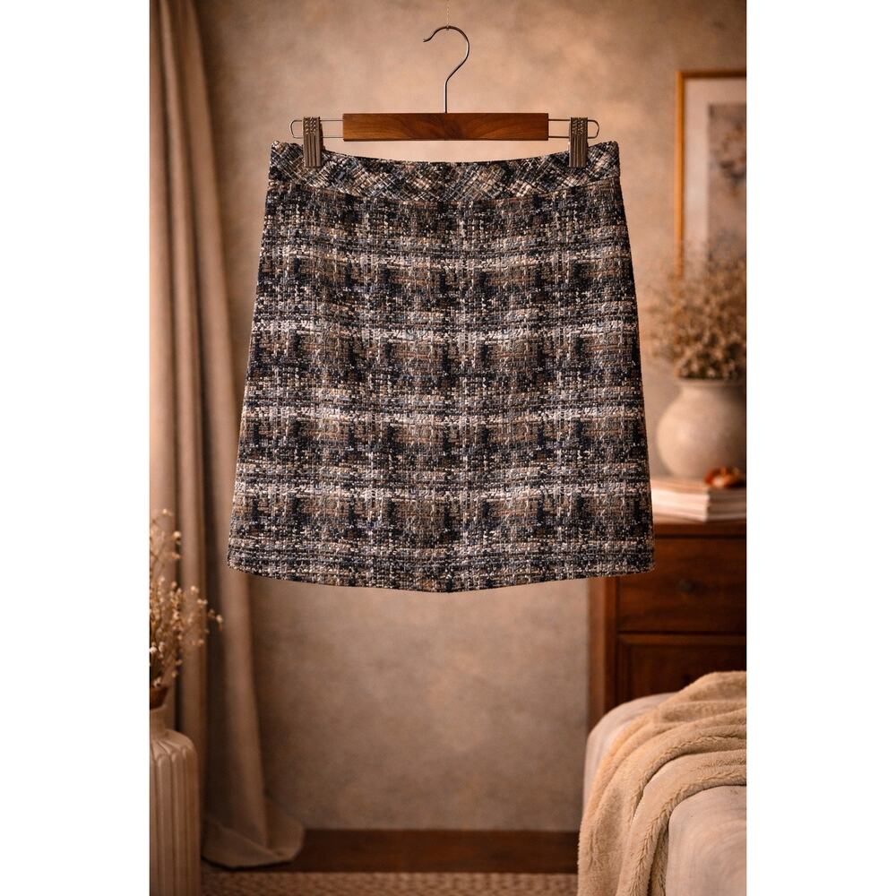 J Crew Tweed Mini Skirt Black White Metallic Silk Blend Zip Lined 8 Preppy Chic